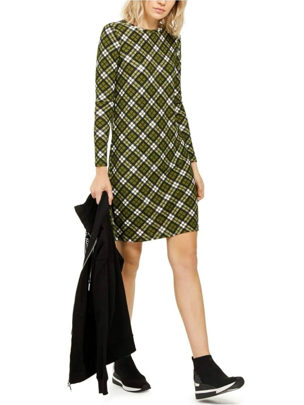 Michael Kors Olive Green & Black Plaid Long-Sleeve Shift Mini Dress Size Small
